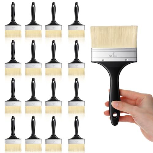 16 Pcs 4 Inch Paint Brushes,Flat Painting Brush Tool with Treated Plastic Handle Flat Paint Brushes for Walls for Home Furniture DIY Paint,Wood Cabinet,Fences,Deck and Wall Trim