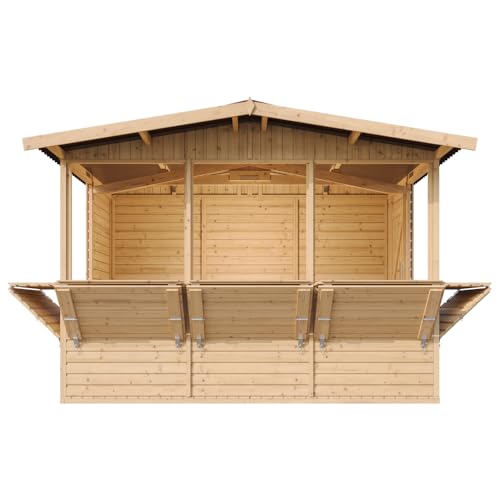 TIMBELA M150B Holz Gartenhaus, Marktbude Holz, Qualitäts Schiffslatten Kiefern Fichte Verkaufsstand Holzhaus mit Theke, FÜNF Fenster, 200x300/6 m2, große multifunktionale Garten-Bar Verkaufshütte