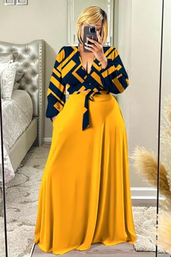 Image of Plus Size Women's 2 Piece Outfits Casual Long Sleeve Wrap Crop Top Maxi Long Dress Flowy Matching Sets