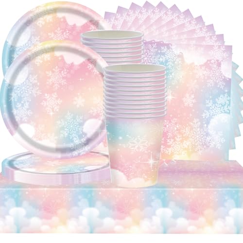 Shamoparty Fantastiche stoviglie rosa neve per feste, 61 pezzi, decorazione da tavolo, motivo fiocco di neve, per Natale, feste di compleanno per bambini, decorazione da tavolo nel paese delle
