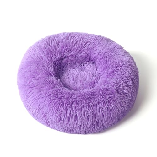 ペット用のベッドで、猫や中・小型犬に適しています。丸型で洗え、ふわふわで暖かく、滑り止め付きの底部があります (紫色,90)