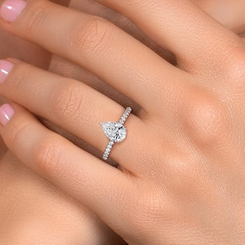 Gem Stone King 10K White Gold 8X5MM Pear Shape Gemstone Birthstone and Lab Grown Diamond Engagement Ring For Women | Wedding Anniversary Promise Gold Ring | Available in Size 5 to 94