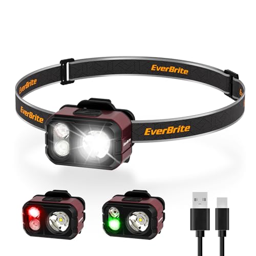EverBrite 400LM Rechargeable Headlamp, 1.59 oz Lightweight & Comfortable Head Lamp with Hat Clip, IP67 Waterproof, White/Red/Green Light, 7 Modes for Running, Camping and Backpacking-Purple