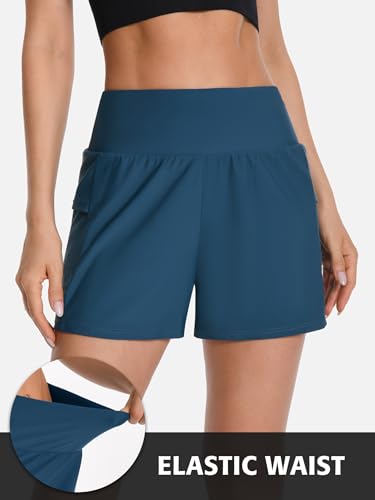 Image of ATTRACO Women's 3 inch High Waisted Swim Board Shorts Pleated Summer Beach Shorts with Pockets