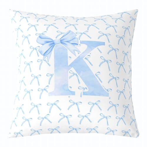 Cartoon Bowknot Kids Throw Pillow Cover,Blue Bow Tie Letter K Knot Princess Double Sides Pillow Case Girls Women,Watercolor Bow Patchwork Blue White Bed Couch Sofa Cushion Cover,Single Pack 18"x18"
