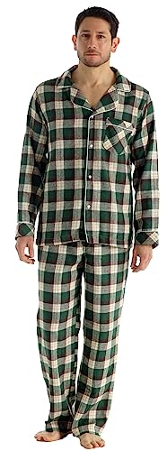 Image of Bogari Mens Check Pyjama 2 Piece Set Brushed Cotton Flannel Warm and Comfortable Designed in Italy, Green Check ZA05, L