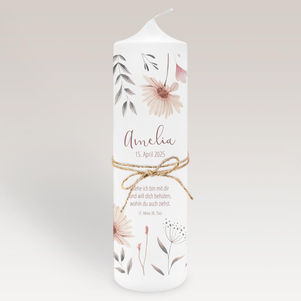 Taufkerze Mädchen Blumen modern personalisiert mit Namen & Taufspruch, online selbstgestalten, inkl. Jutebandverzierung