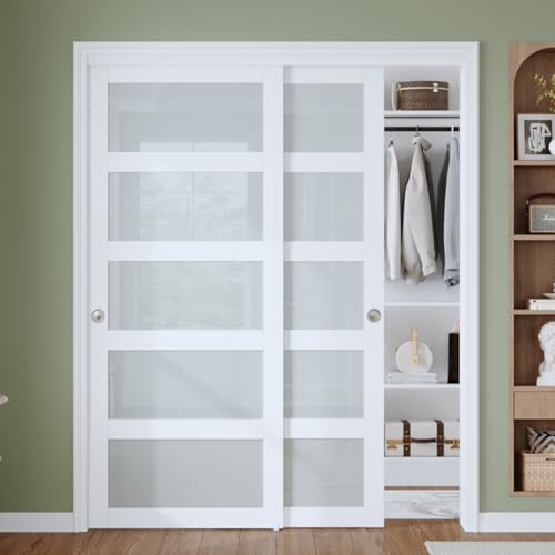 Finosen Preassembled Sliding Closet Door Slab, 64 x 80 in (Double 33 inch), 5-Lite Frosted Glass, Bypass barn Door with Hardware Kit Included, MDF Wood Panel, Water-Proof PVC Surface, White