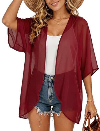 Image of FINOCEANS Womens Floral Chiffon Kimono Cardigans Loose Beach Cover Up Half Sleeve Tops