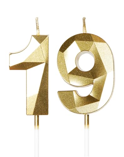 Gold Kerzen zum 19th Geburtstag, 3D Gold Zahl 19 Kerze für Kuchen, Junge Mädchen 19th Geburtstag Dekorationen, Gold Kuchendekorationen, Gold Kerze Kuchen für Geburtstagsfeier Hochzeitstag