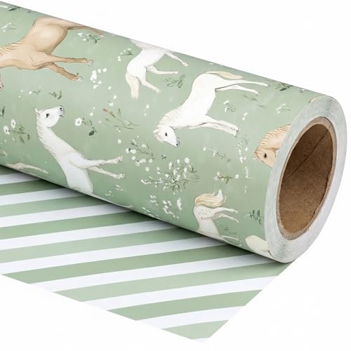 SaringSwoon Reversible Sage Green Wrapping Paper Roll - Horse Gift Wrap With Vintage Horse Floral Stripe Design for Baby Shower Birthday Wedding Bridal Shower - 17.5 16.5 Ft