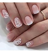 Flower Press on Nails Short Square, White Flower Fake Nails Glossy Pink Gradient Design Glue on N...