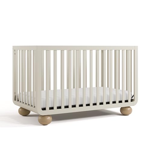 Image of Storkcraft Amalfi 5-in-1 Convertible Crib with Toddler Guardrail - GREENGUARD Gold Certified, Conversion Kit Included, Fits Baby Crib Mattress, Converts to Full Bed (Frosted Oat and Driftwood)