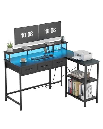 KIMENICH Computer Desk, Gaming Desk with LED, Power Socket, 3 Drawers, Office Desk with Monitor Stand, PC Desk, Adjustable Shelves, for Home, Office, 120 cm, Black