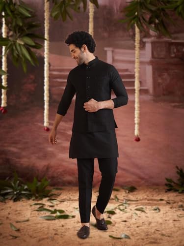 Image of Kisah Men's Cotton Blend Textured Nehru Jacket Regular Fit | Designer Ethnic Layering | Wedding & Occasion Wear