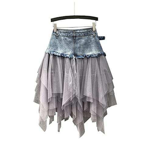 Women Denim Mesh Patchwork Lace Skirt High Waist A Line Asymmetric Frill Tulle Gothic Skirts Mini Denim Skirt4