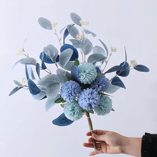 Image of Combo Set of Modern Geometric Vase and Premium Handmade Realistic Artificial Flower Bouquet for Living Room, Bedroom, Office & Gifting (Light Green & Blue)