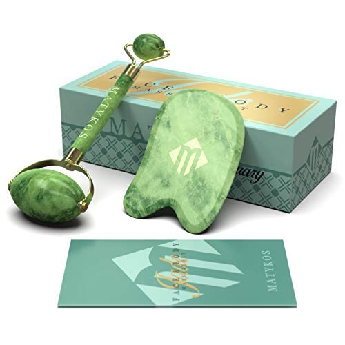 The Original Himalayan Chi Jade Roller and Gua Sha Tools For Face and Body by Matykos - Patented Plastic Inserts for a Non-Squeaky Experience - Certified Green Xiuyan Jade Kit and Instruction Brochure