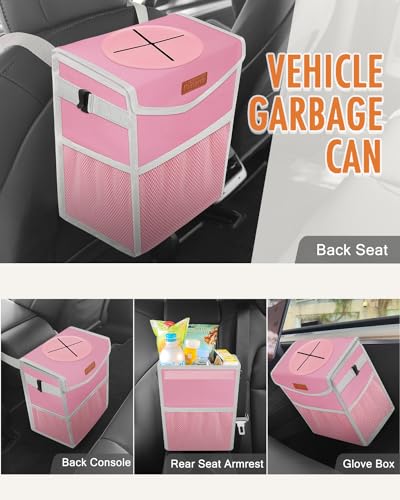 Image of Pritent Car Trash Can with Lid, Cute Leakproof Car Trash Garbage Bag Hanging Vehicle Trash Bin Small Portable Automotive Garbage Cans Organizer for Back /Front Seat /Console(2.8 gal,Pink