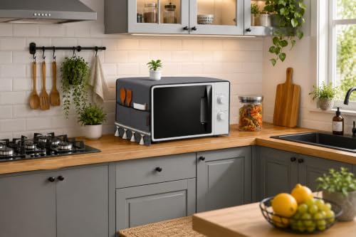 Image of Microwave Oven Cover for Durable, Waterproof and Dustproof Kitchen Protector with 4 Side Storage Pockets for Kitchen Accessories (100 x 35 cm) (Grey Lace)
