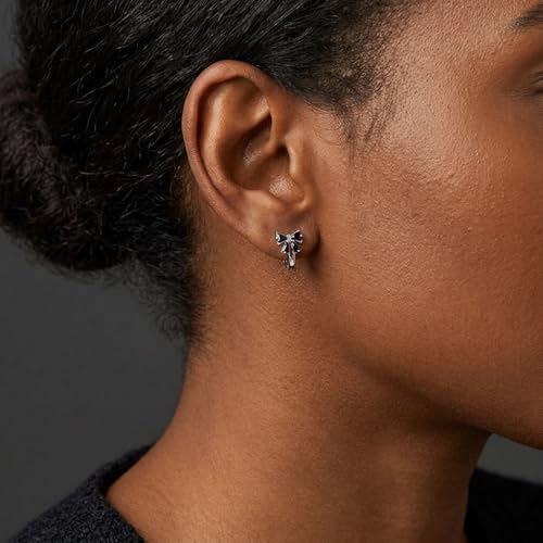 Image of Reffeer Solid 925 Sterling Silver Bow Hoop Earrings Huggie for Women Teen Girls Black CZ Bowknot Hoop Earrings Ribbon Cartilage Huggie