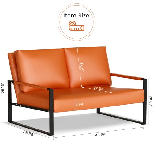 Awqm Pu Leather Love-Seat Sofa, 45 Inches Mini Upholstered Couch Middle Ages Modern Accent Chair With Black Metal Armrest 2 Seater Lounge For Small Spaces (Orange) #TOP1
