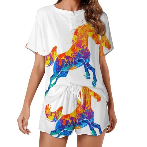 Pyjama short femme ete Cheval De Couleur vêtements de nuit légers
