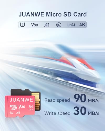 Image of JUANWE 64GB Micro SD Card microSDXC Memory Card, 64GB Memory Card, UHS-I C10 U3 V30 4K UHD Video A1 TF Card with Adapter (Pink)