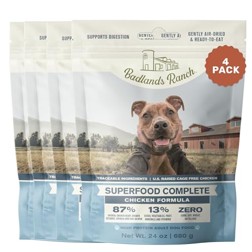 Image of BADLANDS RANCH Air-Dried Chicken Dog Food, 87% Real Meat, 24 oz, 4-Pack | Includes organs & salmon; kibble topper or alternative; adult & senior dogs; no corn, wheat, soy or fillers
