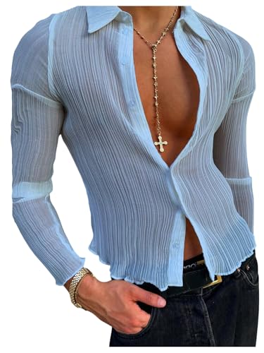 OYOANGLE Men's Mesh Sheer Button Down Shirts Long Sleeve Fitted Party Club Shirt Top