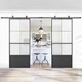 JUBEST Double Barn Door 72 x 84 in with 12FT Hardware Kit and Soft Close Mechanism, 2 Sets of 36x84 in Paneled Frosted Glass Carbon Steel Frame Barn Door,Pocket Interior Door, Easy Assembly