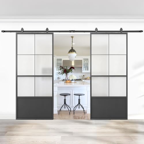 JUBEST Double Barn Door 72 x 84 in with 12FT Hardware Kit and Soft Close Mechanism, 2 Sets of 36x84 in Paneled Frosted Glass Carbon Steel Frame Barn Door,Pocket Interior Door, Easy Assembly