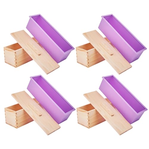 JUEGD Soap Making kit, 42 OZ Silicone Soap Molds - Melt and Pour Soap Making Supplies, Rectangular Bread Soap Molds with Wooden Box, DIY Soap Making Supplies Set (4Pack)