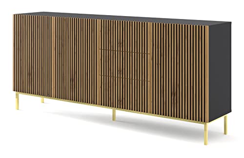 BIM Furniture Kommode Ravenna A 3D3S 200 cm gefräst MDF, Sideboard Highboard Schrank, 3 Türen, 3 Schubladen (Schwarz Matt/Artisan Eiche)