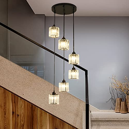 Long-Chandeliers-for-High-CeilingsModern-Crystal-Pendant-LightRaindrop-Drop-LampHanging-Flush-Mount-Lighting-Fixtures-for-Spiral-StaircaseFoyerEntrywayLiving-RoomBlack-6-Lights