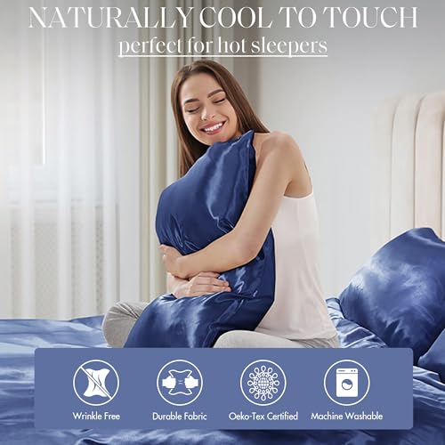 Image of Madison Park Essentials Satin Sheets Queen Size Bed Set, 6 Piece, Navy | Luxury and Smooth Silky Bedding with Natural Sheen, All Around Elastic 14 inch Pocket fits up to 16 inch Mattress, Year-Round Cozy
