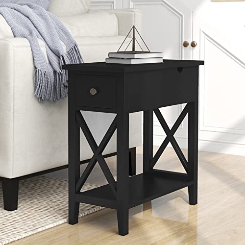 Choochoo Flip Top Open End Table, Narrow Side Table Slim End Table For Living Room Bedroom, Black #TOP1