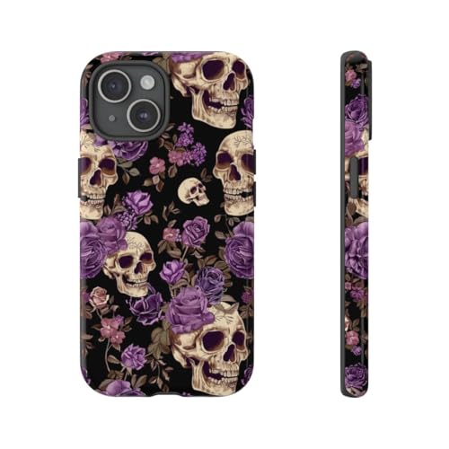 Coque iPhone 15 luxe rigide brillante aux détails roses et crânes