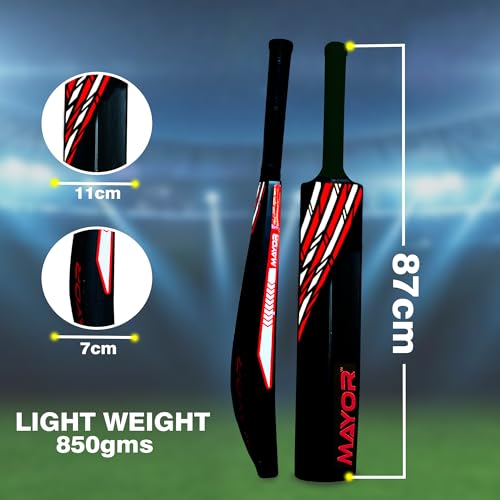 Image of MAYOR Century Plastic Cricket Bat for Kids & Adults | Full Size 34 x 4.5 Inch Tennis Bat for Practice & Indoor Play | Bat for All Age Groups | Ideal for Training & Friendly Matches (Black /Red)