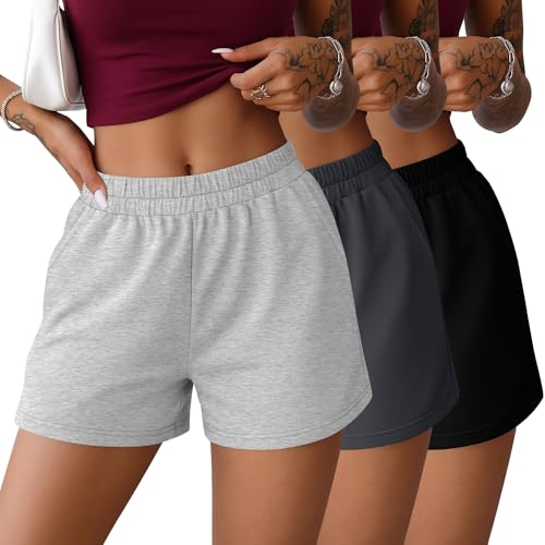 JoyMotion 3 Pack Womens Sweat Shorts Lounge Comfy Athletic Shorts Elastic Waist Summer Workout Casual Pants with Pockets(Black Dark Gray Light Gray Medium)