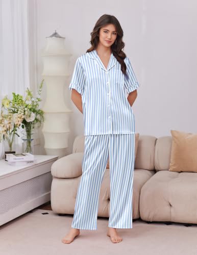 Image of Ekouaer Silk Satin Pajamas for Women Set 2 Piece Short Sleeve Button Up Pjs