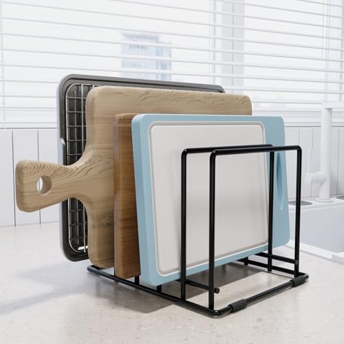 AKSONMN Baking Sheet Organizer Rack – 5-Slot Bakeware & Cookie Tray Holder for Kitchen Cabinet or Countertop, Compact Stainless Steel Cutting Board Rack with Rust-Resistant Frame & Anti-Slip Feet