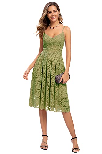 Atnlewhi Damen Vintage ärmellosen V-Ausschnitt A-Linie Kleid Blumen Knielang Spitzenkleid Brautjungfer Elegante Cocktailkleider - Armeegrün - M