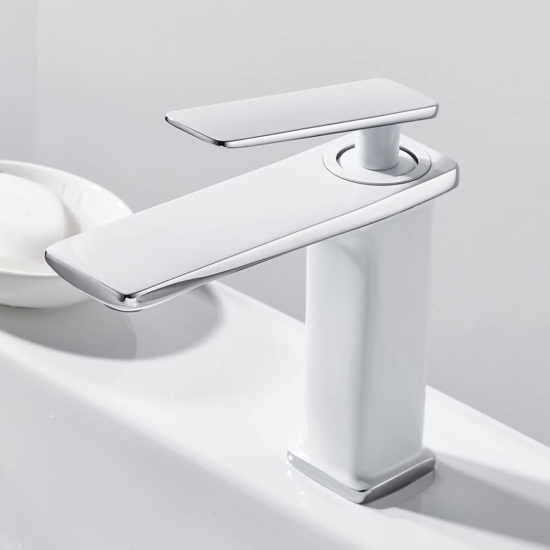 Robinet de lavabo mitigeur salle de bains eau chaude froide mélangeur grue pont monté blanc chrome