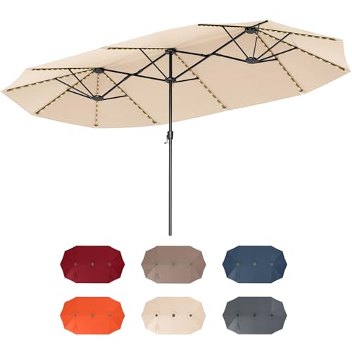 Tangkula 15.5 FT Extra-Large Patio Umbrella w/LED Solar Lights, Crank Handle, 12 Heavy-Duty Ribs, Outdoor Double-Sided Market Umbrella Rectangular Twin Parasol for Garden Deck Lawn Poolside (Beige) -  12229-PN