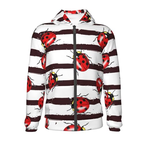 Ladybugs on Black and White Striped1 Kid Hoodies Boys Zip Up Sweatshirts Girls Pullover with Pocket2