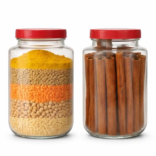 Image of 3000ml (3KG) Glass Storage Jar Pack of 2 with Airtight Red Lid - Large Kitchen Containers for Rice, Atta, Dal & Dry Fruits - Heavy Duty Transparent Glass