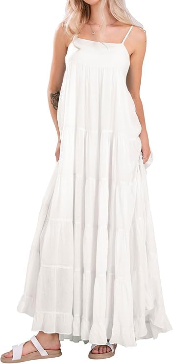 utcoco Women's Spaghetti Straps Maxi Dresses Back Smocked Sleeveless Tiered Swing Flowy Boho Long Sundress