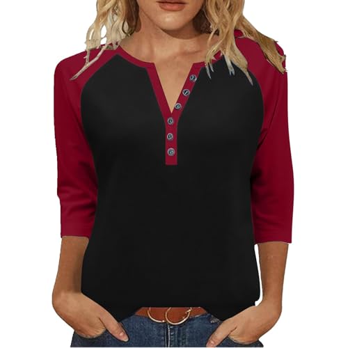 Fall Tops for Women 2025 Loose Fit Dressy Elegant Blouse 3/4 Raglan Sleeve Tunic Tshirt Sexy Casual Button Henley T Shirts Notch V Neck Color Block Tee Office Work Casual Clothes Basic Cotton