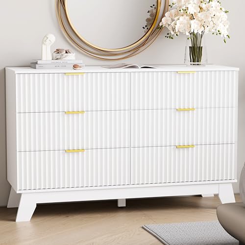 Image of HUANLEGO 6 Drawer Dresser for Bedroom, Fluted White Dresser Chest of Drawers with Gold Handle, Mid Century Modern Dressers for Closet, Bedroom Chest Storage Organizer for Living Room, Hallway